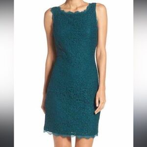 Adrianna Papell emerald green lace‎ sleeveless exposed back zipper dress Sz 14